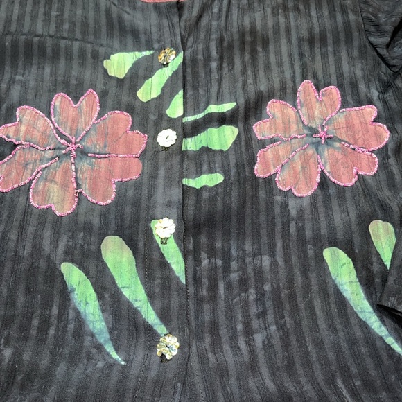 Asian creations Blue purple button up tropical SHIRT beaded round neck WOMENS Lg - Picture 7 of 14